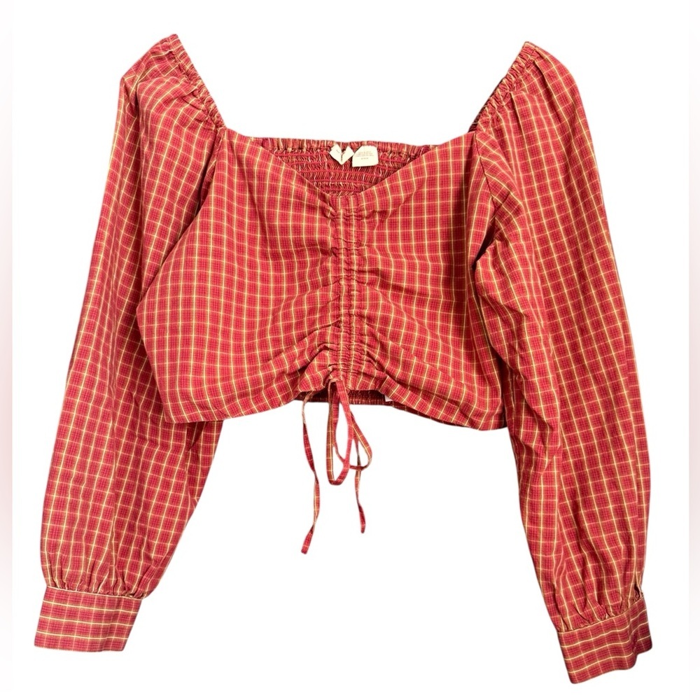 Levi's Red Plaid Puff Sleeve Crop Blouse
